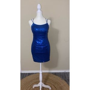 Royal Blue short sparkly Spaghetti Straps Prom Dress. Sequin